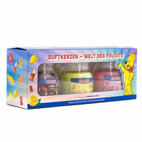 3er Set Duftkerze Haribo - Lemon Fruits, Cherry Cola, Strawberry Happiness - 3 x 85g, Haribo, Duftkerze, Kerze